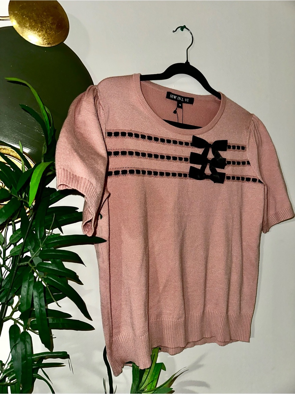 Sew In Love Blush Pink Knit Top with Black Ribbon Bows - Picture 2 of 7